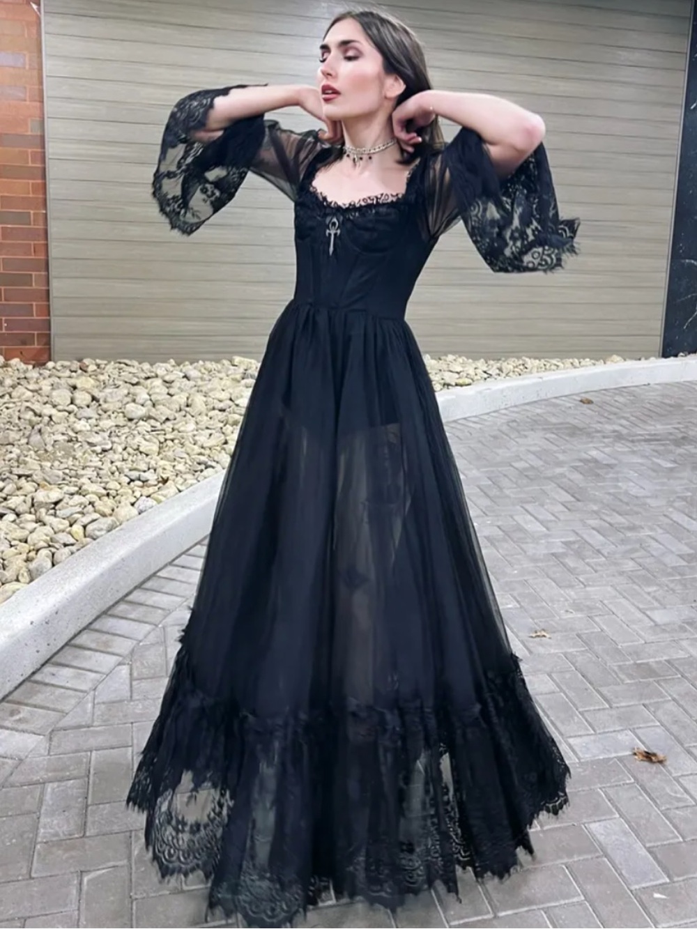 Dolls Kill Widow DANCE WITH DEATH MAXI DRESS BLACK Sz M Goth Sheer Whimsigoth